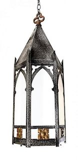 A Gothic Style Metal and Glass Lantern Height 28 inches.