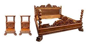 A Jacobean Style Carved Walnut Bed Frame Height 30 1/2 x width 20 x depth 20 inches.
