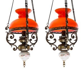 A Pair of Victorian Hanging Oil Lanterns Height 41 inches.