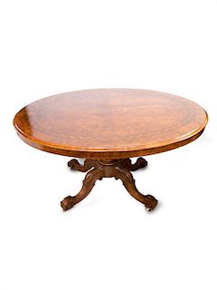 A Victorian Burl Walnut and Parquetry Tilt-Top Breakfast Table Height 31 x width of top 53 x depth of top 43 inches.