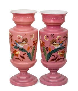 A Pair of Victorian Enameled Glass Vases Height 10 1/4 inches.