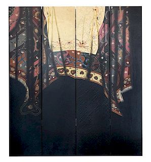 A Painted Four-Panel Floor Screen Height 72 x width of each panel 16 inches.