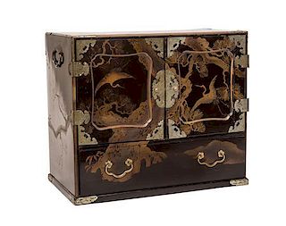 A Japanese Lacquered Jewelry Chest Height 13 x width 15 1/4 x depth 9 inches.