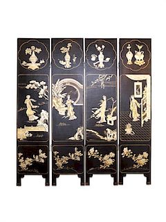 A Chinese Export Lacquered Four-Panel Floor Screen Height of each panel 72 x width 15 3/4 inches.