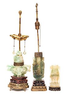 A Collection of Three Hardstone Articles Height of tallest 28 inches.