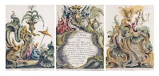 A Set of Three French Handcolored Engravings 15 x 13 inches (overall).