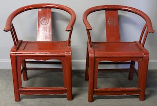 Pair of Antique Red Lacquered Chinese Horseshoe