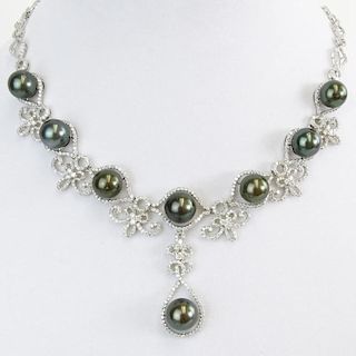 AIG Certified Eight (8) Tahitian Black Pearl, 10.68 Carat Round Brilliant Cut Diamond and 14 Karat White Gold Necklace.