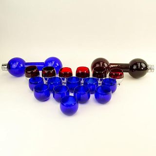 Art Deco circa 1930's Eighteen (18) Piece Cobalt Blue and Ruby Red Glass and Chase Company Liquor Set.