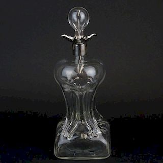 Late 19th Century English Blown Pinched Glass Decanter with Sterling Silver Rim. Polished pontil.