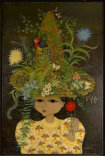 Carlos Perteagudo (b. 1937) Oil on canvas "Girl With Parrot Hat"