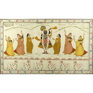 Vintage Indian Painting on Linen "Dancing Figures and Bulls"
