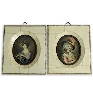 Pair of antique German hand painted Ivory miniature portraits of Ladies.