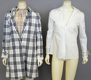 Burberry women's plaid spring jacket along with two Burberry shirts. length of jacket 33in.