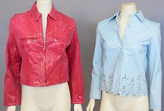 Two designer leather jackets including pink snake skin and a light blue leather jacket.