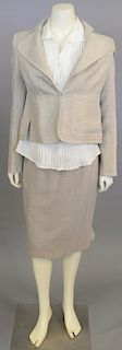 Akris women's tan suit with jacket, skirt, and white linen shirt with new tag (size 6).