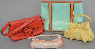 Four purses including shell clutch purse by Moyna (4" x 9" x 1 1/2"), a yellow alligator skin...