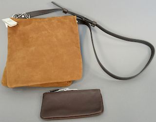 Coach new tan suede handbag with leather strap and brown leather coach wallet, 4 1/2" x 7 3/4" x 1/2"