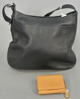 Coach black leather bag with tan leather coach wallet, bag: 11" x 15" x 4", wallet: 3 1/2" x 4 1/2" x 1 1/4"