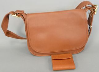 Coach brown leather flap bag purse with matching wallet, bag: 10" x 11" x 4", wallet: 4" x 4" x 1"