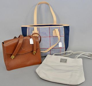 Three purses to include Ralph Lauren canvas and red, white, and blue bag (10 1/2" x 16" x 5"), DKNY...