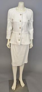 Chanel two piece suit with white and speckled silver, jacket and matching skirt (size 38) with chenille trim.