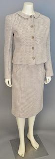 Chanel two piece tan novelty yarn and wool suit with jacket and skirt.