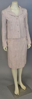 Chanel two piece tweed twill pink suit with jacket and skirt.