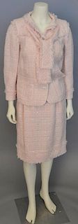 Chanel two piece tweed suit, pink with sequins and self fringe edging trim including jacket and skirt.