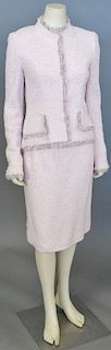 Chanel two piece tweed novelty yearns suit, pink with silk trim including jacket and matching skirt.