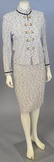 St. John two piece suit with tan and black tweed/knit jacket and skirt.