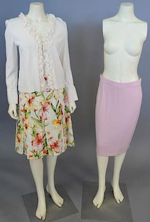 St. John three piece lot with floral pleated skirt, pink knit skirt (size 2), and off-white wool skirt new with tags retail $795. (size 2).