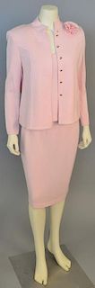 St. John three piece pink knit suit including jacket, sleeveless top, and skirt (size 2).