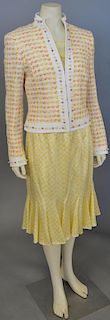 Escada women's three piece lot including tweed/novelty yarn jacket yellow, pink, and white with yellow Escada silk skirt and blouse.