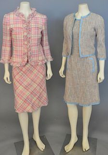 Five piece lot with two Moschino womens tweed suits including a pink multi-colored tweed suit jacket with two skirts and a tan,,,