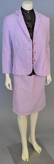 Moschino three piece lot with  purple women's tweed suit jacket with skirt and silk chocolate blouse.
