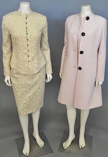 Four piece Celine Finition Main group to include light pink womens long coat with matching dress and a gold jacket with matching skirt.