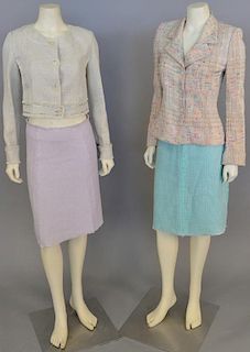 Five womens tweed suit pieces including Balmain Paris jacket, purple skirt, and blue skirt along with Emanuel Ungaro...