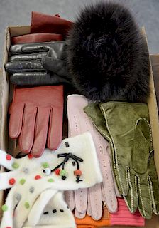 Two box lots of gloves including Christian Dior, Moschino, leather, Cashmere, and fur.
