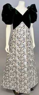 Arnold Scaasi, c. 1985, Evening gown with skirt of black silk densely machine-embroidered in silver thread and silver sequins in a floral and leaf pat