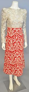 Arnold Scaasi, 1980s, Formal dress with red velvet skirt machine-embroidered in silver and gold with Renaissance design; bodice of silver net embroide