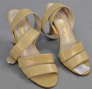Chanel pair of tan leather ankle strap pumps / heels / shoes like new condition. size 36 1/2