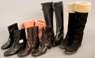 Five pairs of woman's boots including pink Uggs (size W6), Charles David alligator (size 6N), Ellen Tracy black (size 6B), Rene Mancini, and Joan Davi