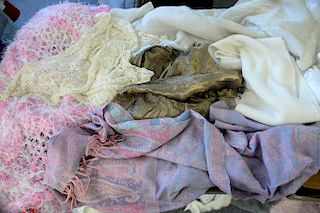 Seven shawls to include three silk beaded shawls, fur trim scarf, silk scarf, and paisley print scarf.