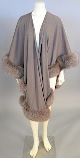 Adrienne Landau taupe wool knit wrap or cape with taupe fur trim, new with Saks Fifth Avenue tag.