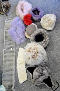 Four fur hats including Maximilian fox fur, Gilly Forge fur, North King rabbit along with two purple fur shawls and a grey shawl.
