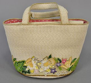 Eric Javits squishee handbag / purse with beaded and hand stitch floral bottom edge (new condition). 6 1/2" x 10" x 5 1/2"