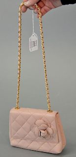Chanel quilted pink leather flower purse/handbag with applied flower. 6 1/2" x 4 3/4" x 2"