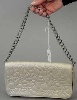 Chanel grey leather flower flap handbag/purse. 9 1/2" x 5" x 1 1/2"