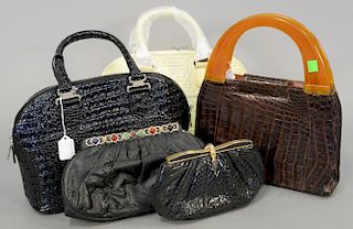 Five Alligator handbags / purses including two Judith Leiber (worn), a purse with bakelite handles, and two marked Staver.